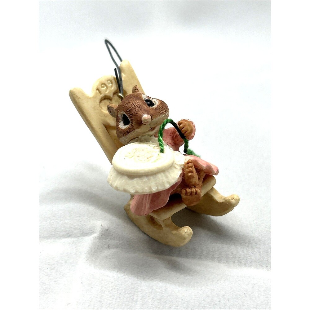 Hallmark 1991 Mouse Figurine Sitting on Chair with Embroidery Hoop Ornament